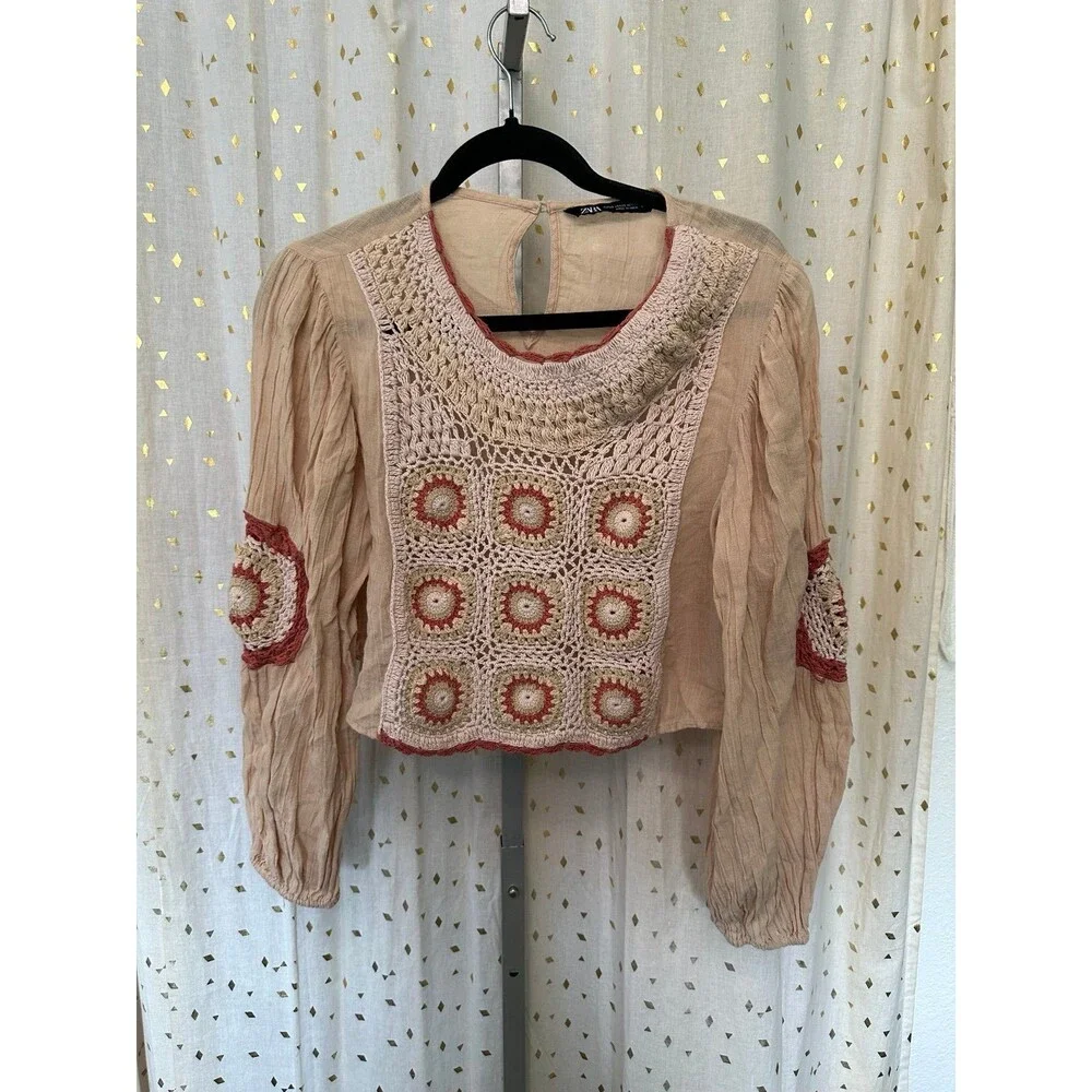 Zara Linen Blend Crochet Granny Square Patches Balloon Sleeves Blouse XS